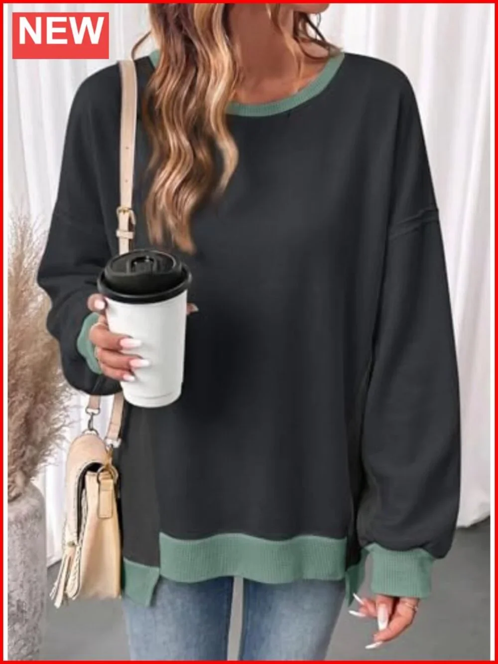 Waffle Knit Color Block Oversized Long Sleeve Sweatshirt